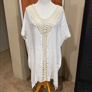 Elegant White Crochet Trim Swim Coverup